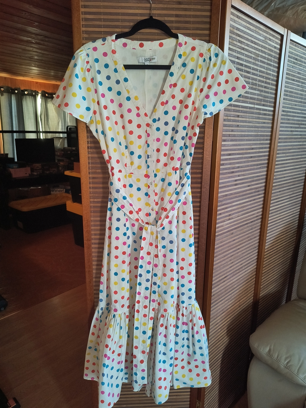 Color Me Courtney Polka Dot Tie-Waist Midi Dress in White with Multicolor Dots
